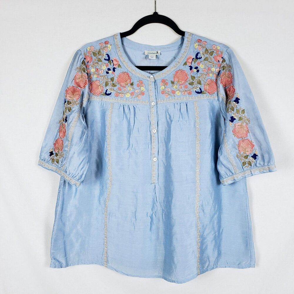 Sundance Powder Blue Floral Embroidered Boho Peasant Top Womens L Modal Silk